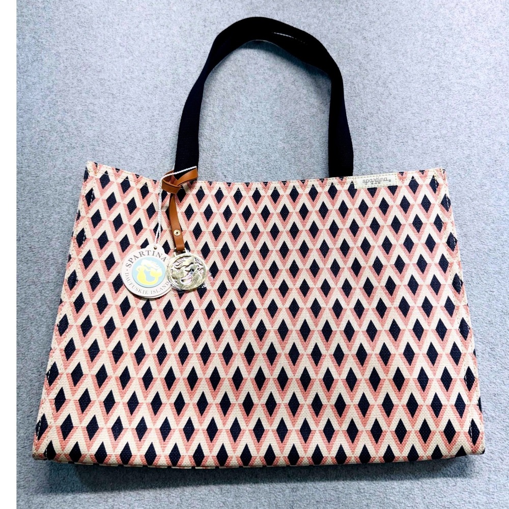 NWT Spartina 449 Daufuskie Island Tote Navy Pink Diamond Mermaid Charm Bag Linen